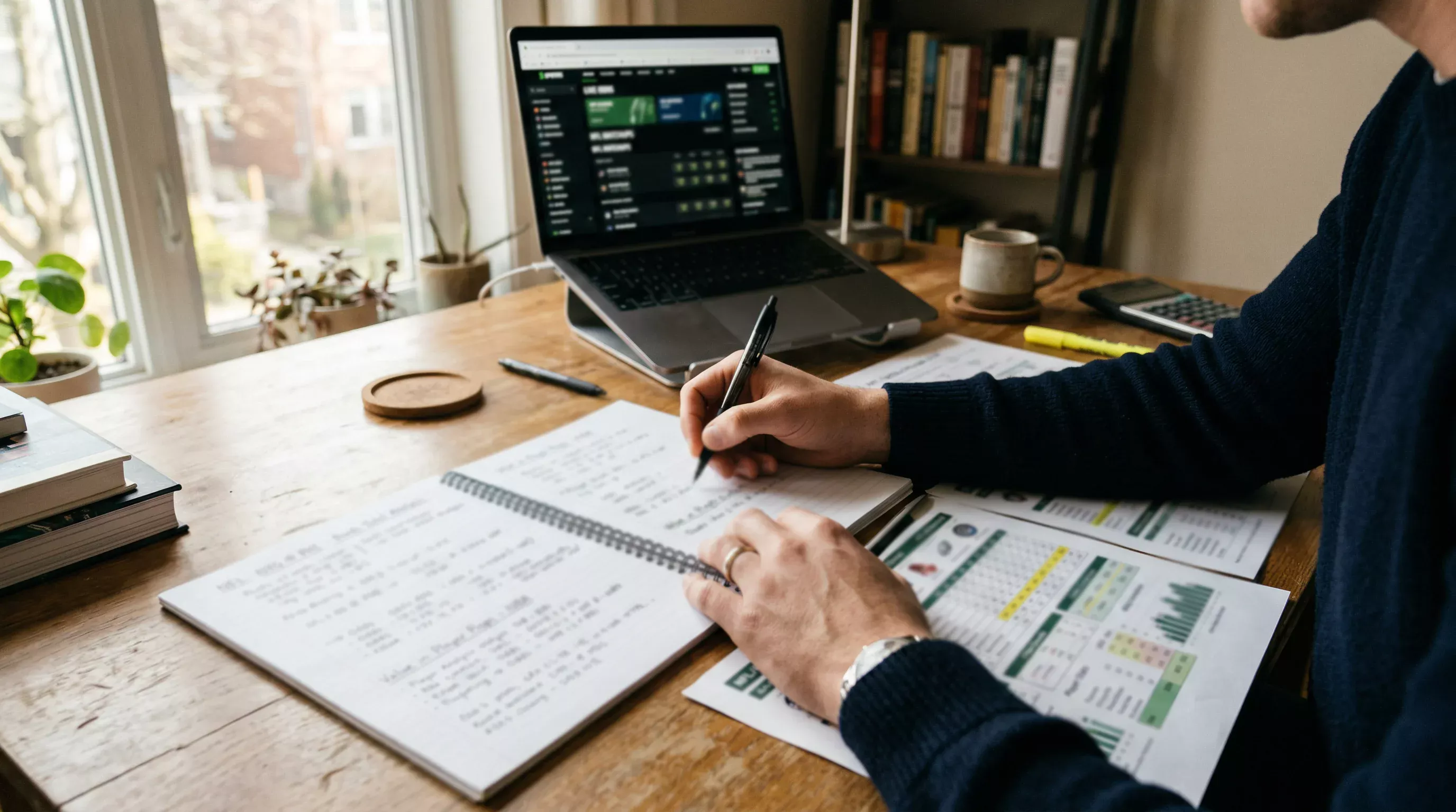 Person studiert Sportwetten-Dokumentation mit Notizen und Stift
