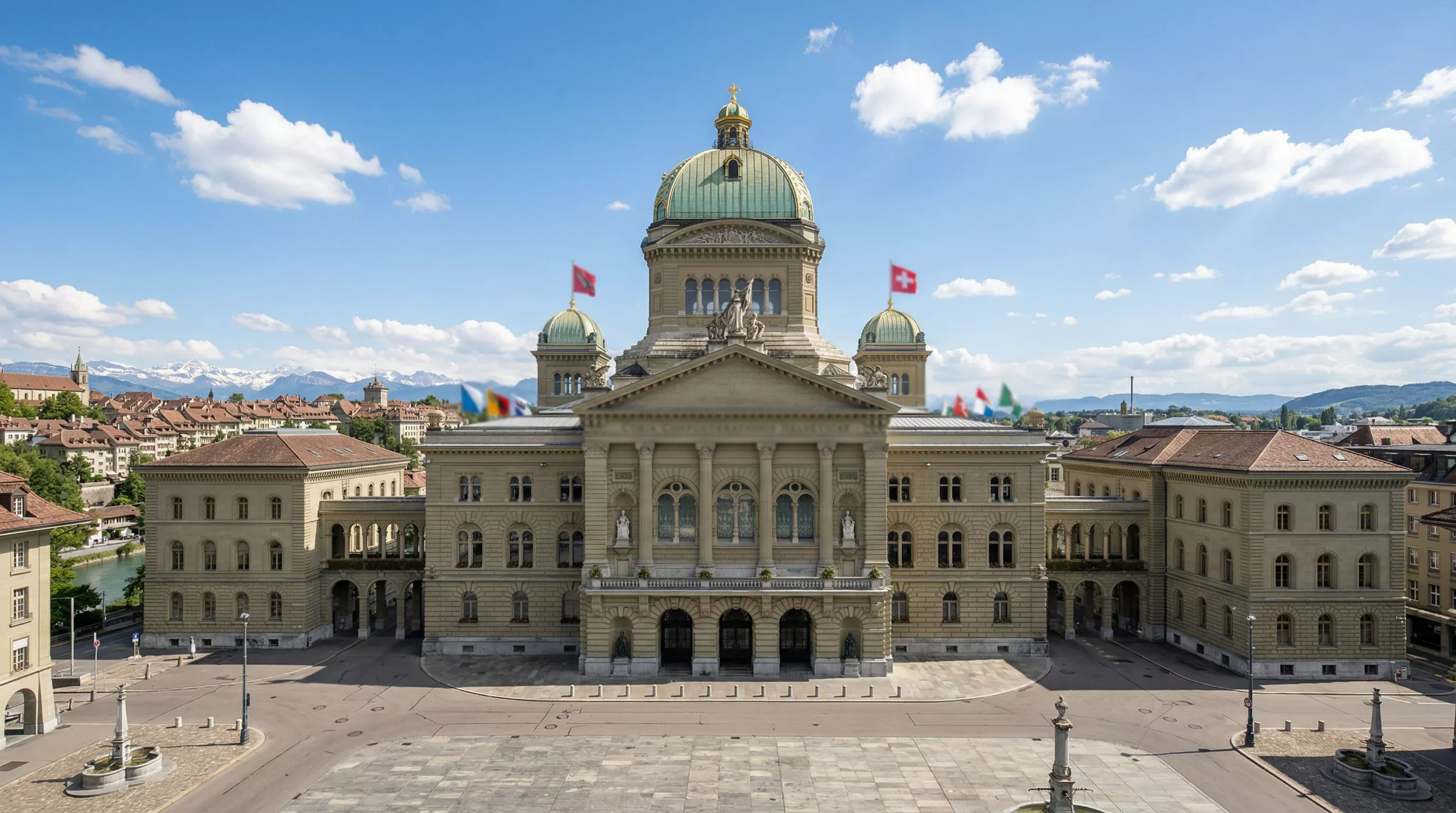 Modernes Schweizer Regierungsgeb&auml;ude in Bern mit Bundeshaus im Hintergrund