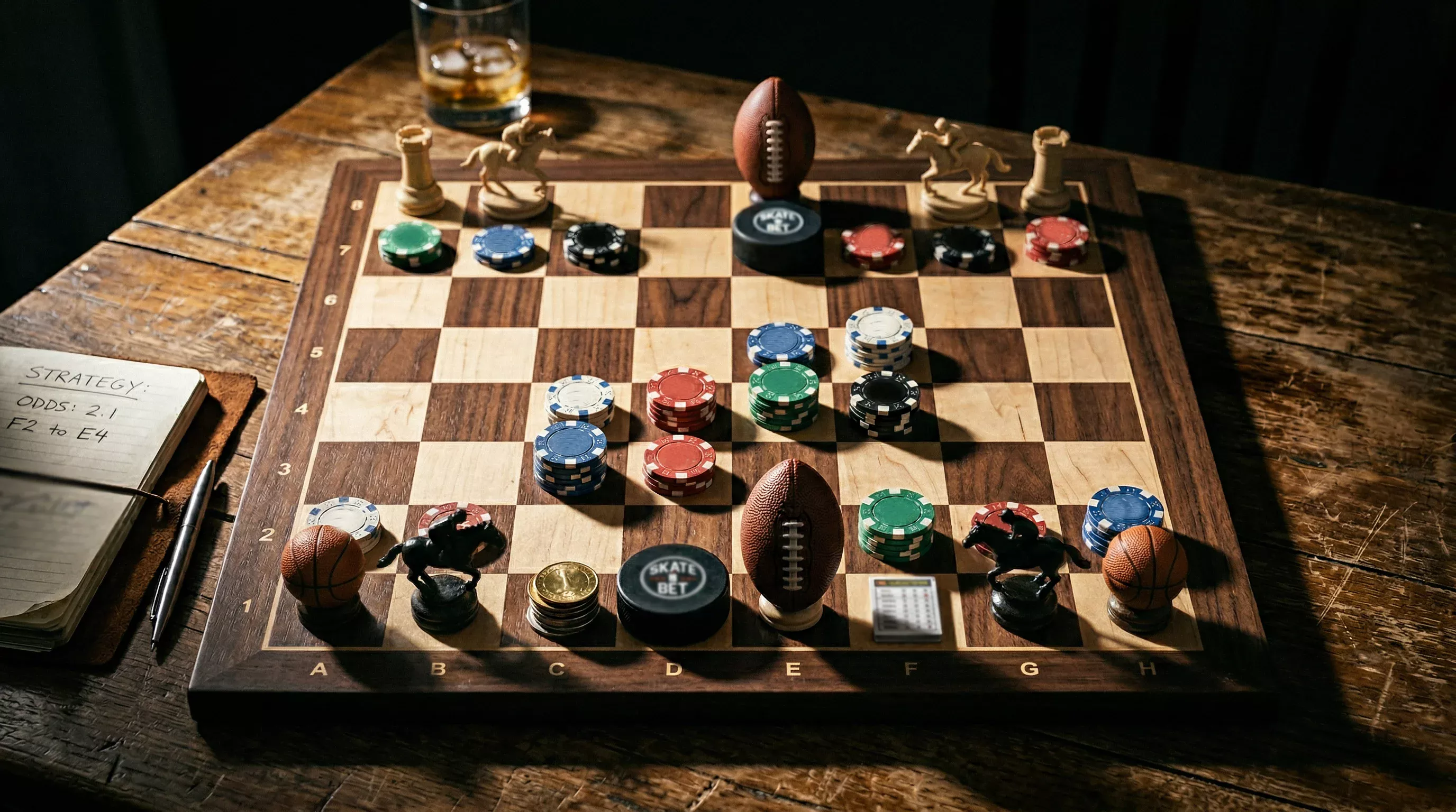 Schachbrett mit Sportwetten-Symbolen als strategisches Konzept