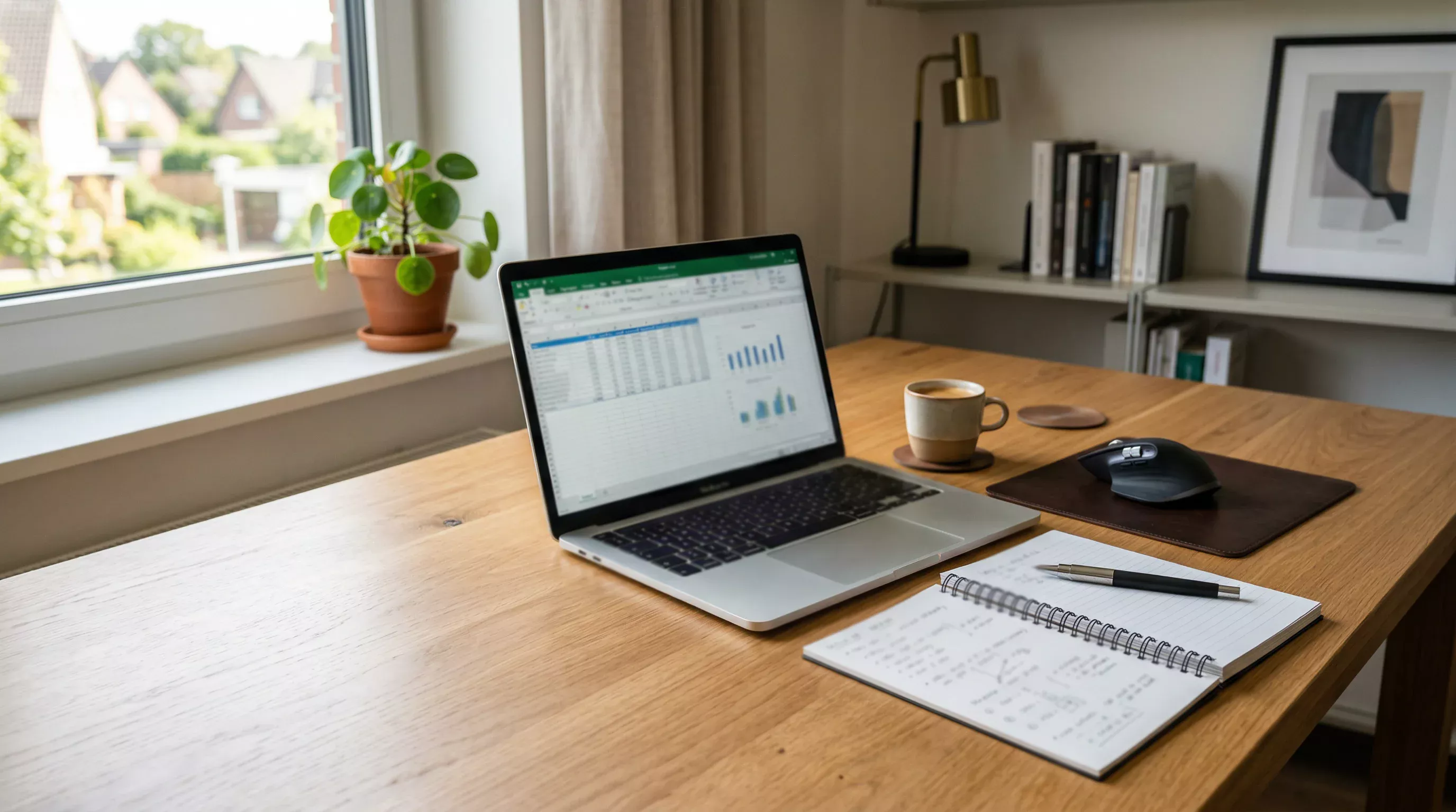 Ordentlicher Schreibtisch mit Laptop, Notizbuch und Stift f&uuml;r Aufzeichnungen