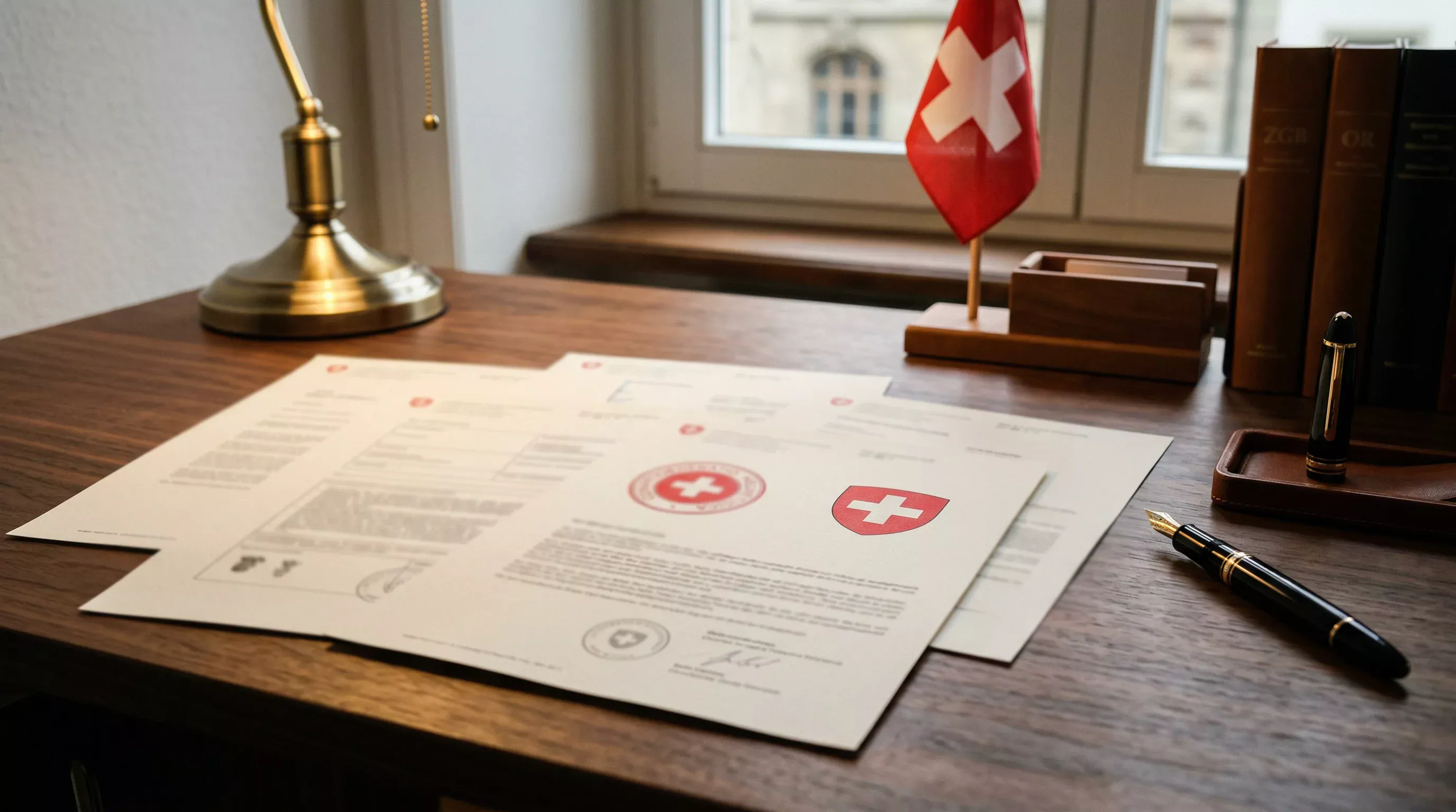 Offizielle Schweizer Gesetzesdokumente auf einem Schreibtisch mit Schweizer Flagge im Hintergrund