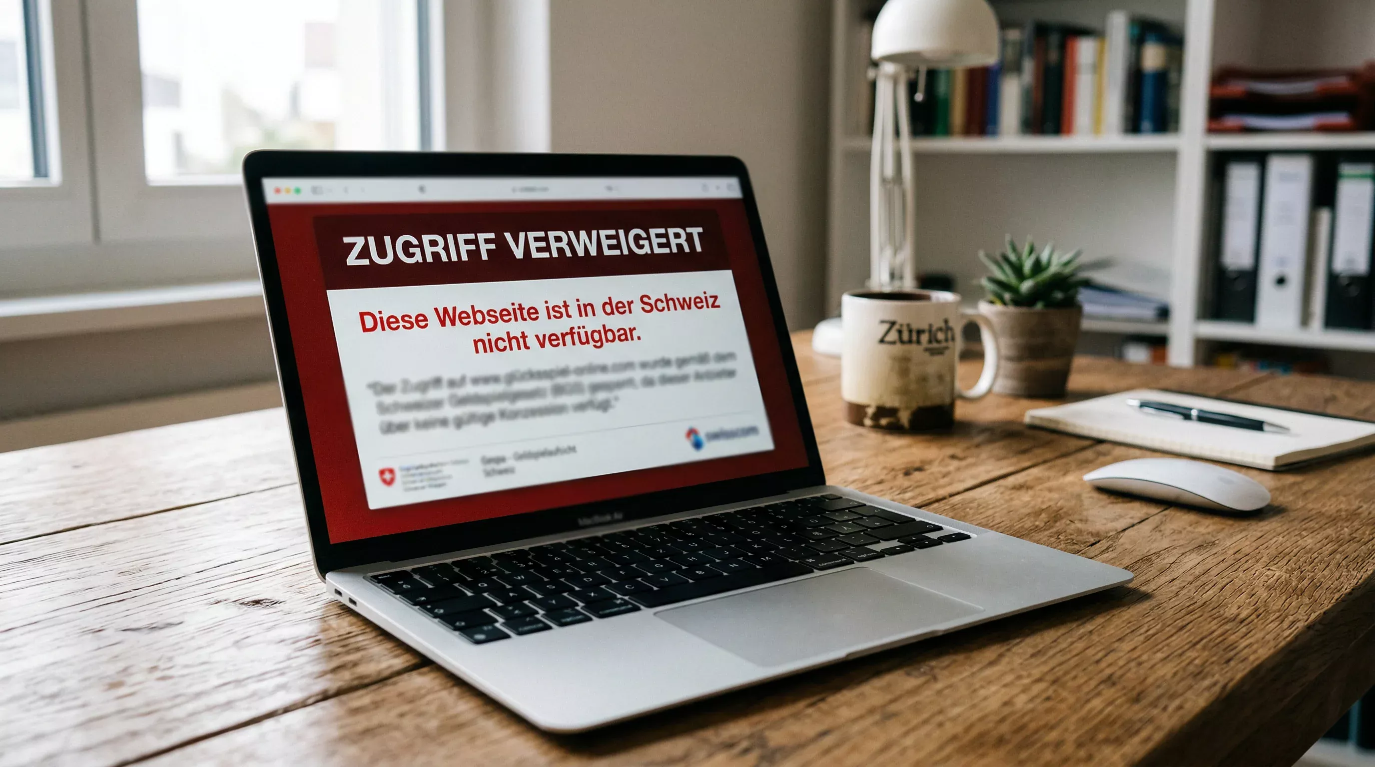 Laptop mit gesperrter Webseite und Schweizer Warnhinweis auf dem Bildschirm