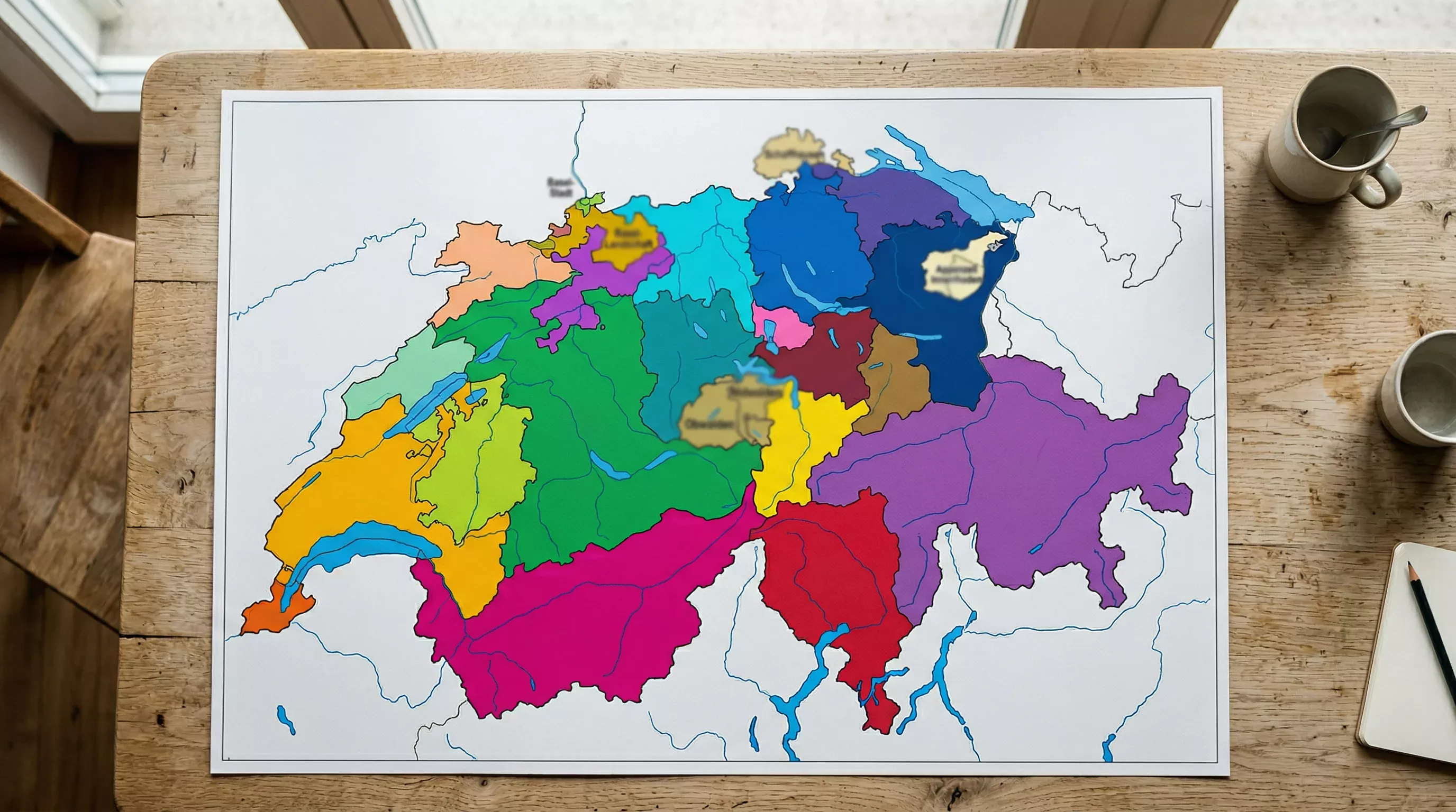 Schweizer Landkarte mit verschiedenen Kantonen in unterschiedlichen Farben