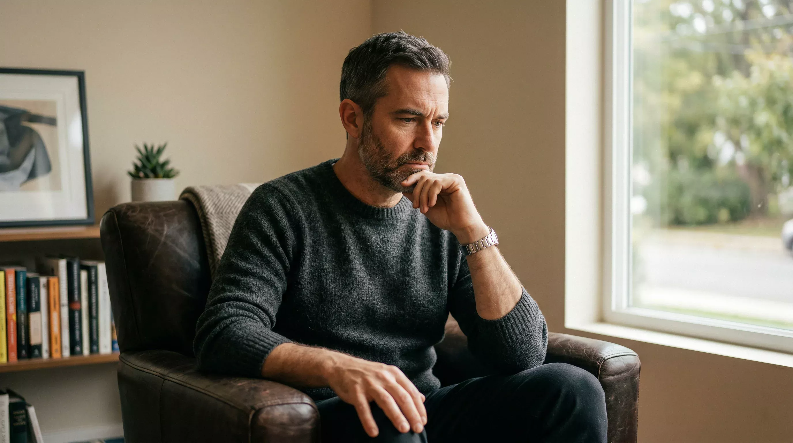 Konzentrierte Person beim Nachdenken über Sportwetten-Entscheidungen