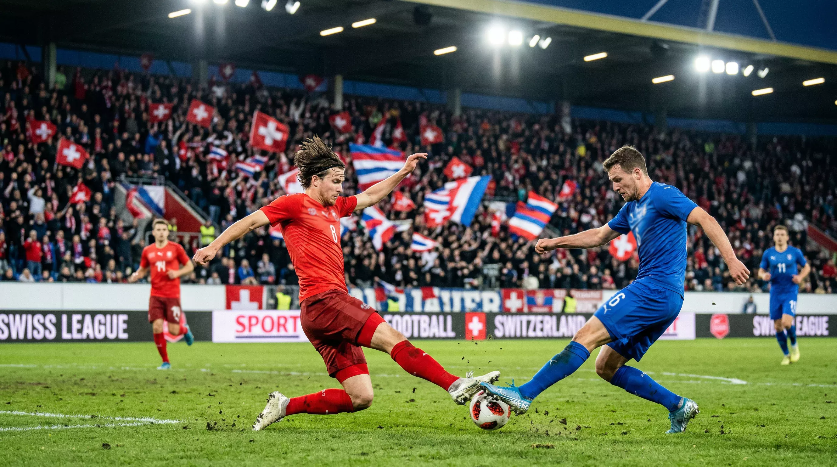 Schweizer Super League Fussballspiel mit begeisterten Fans im Stadion