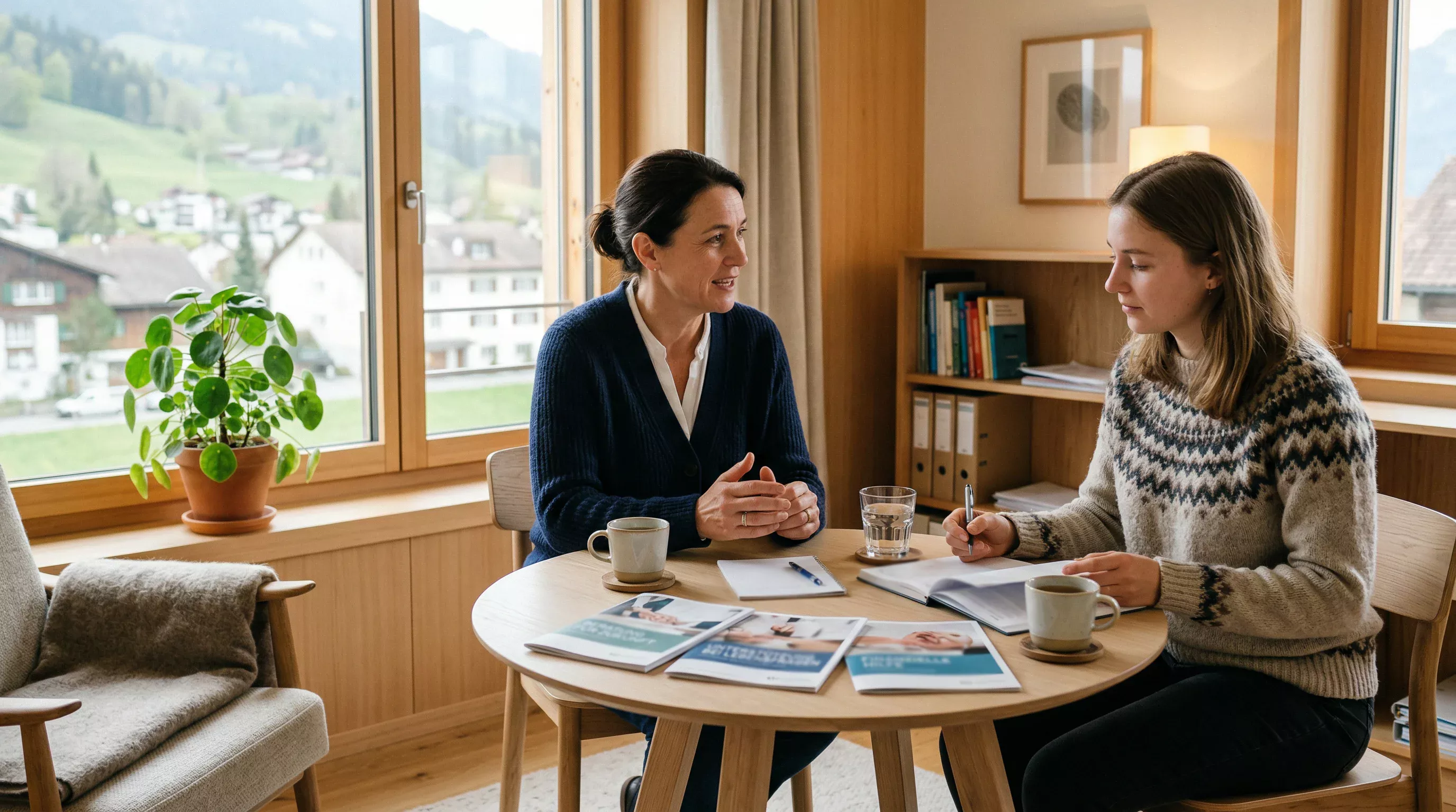 Warmes Beratungszimmer mit zwei Personen im vertrauensvollen Gespr&auml;ch