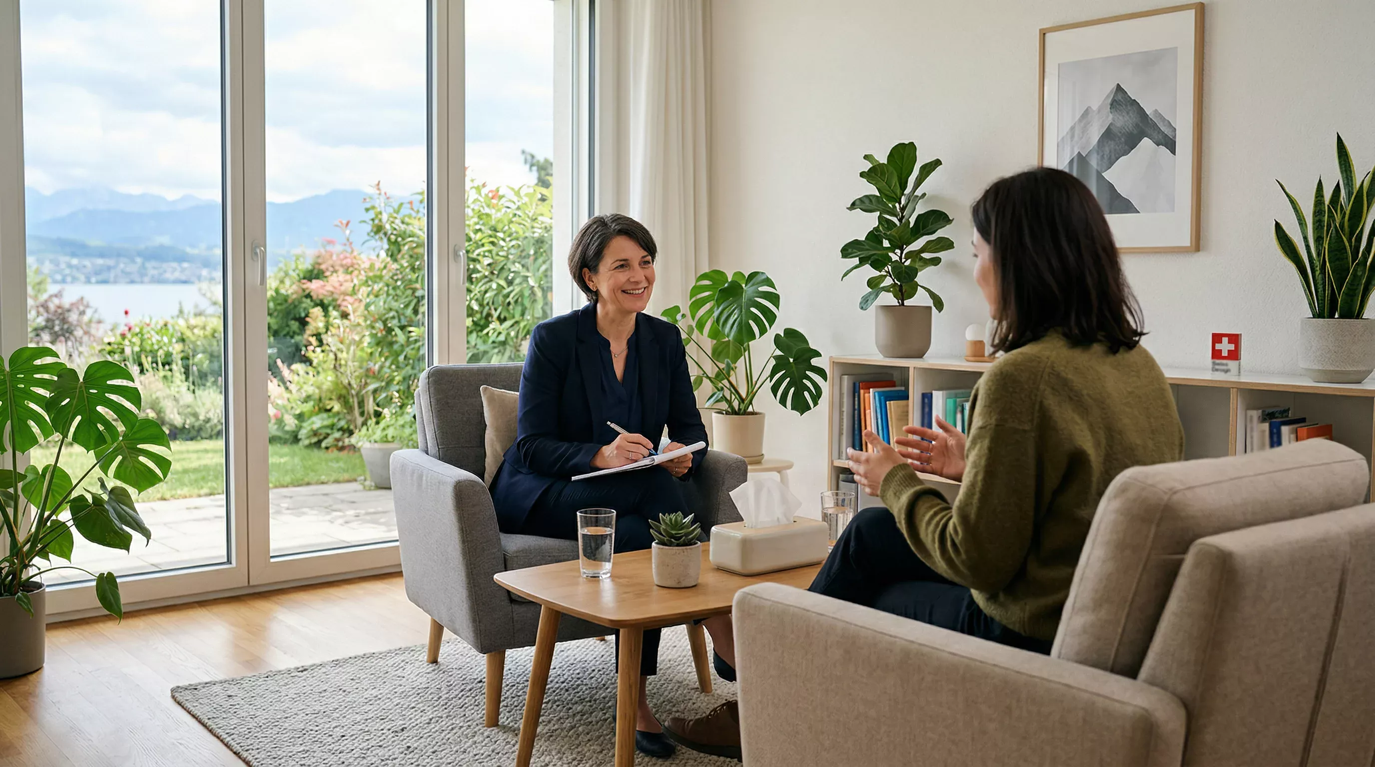 Person spricht vertraulich mit einem Berater in einem hellen Beratungsraum