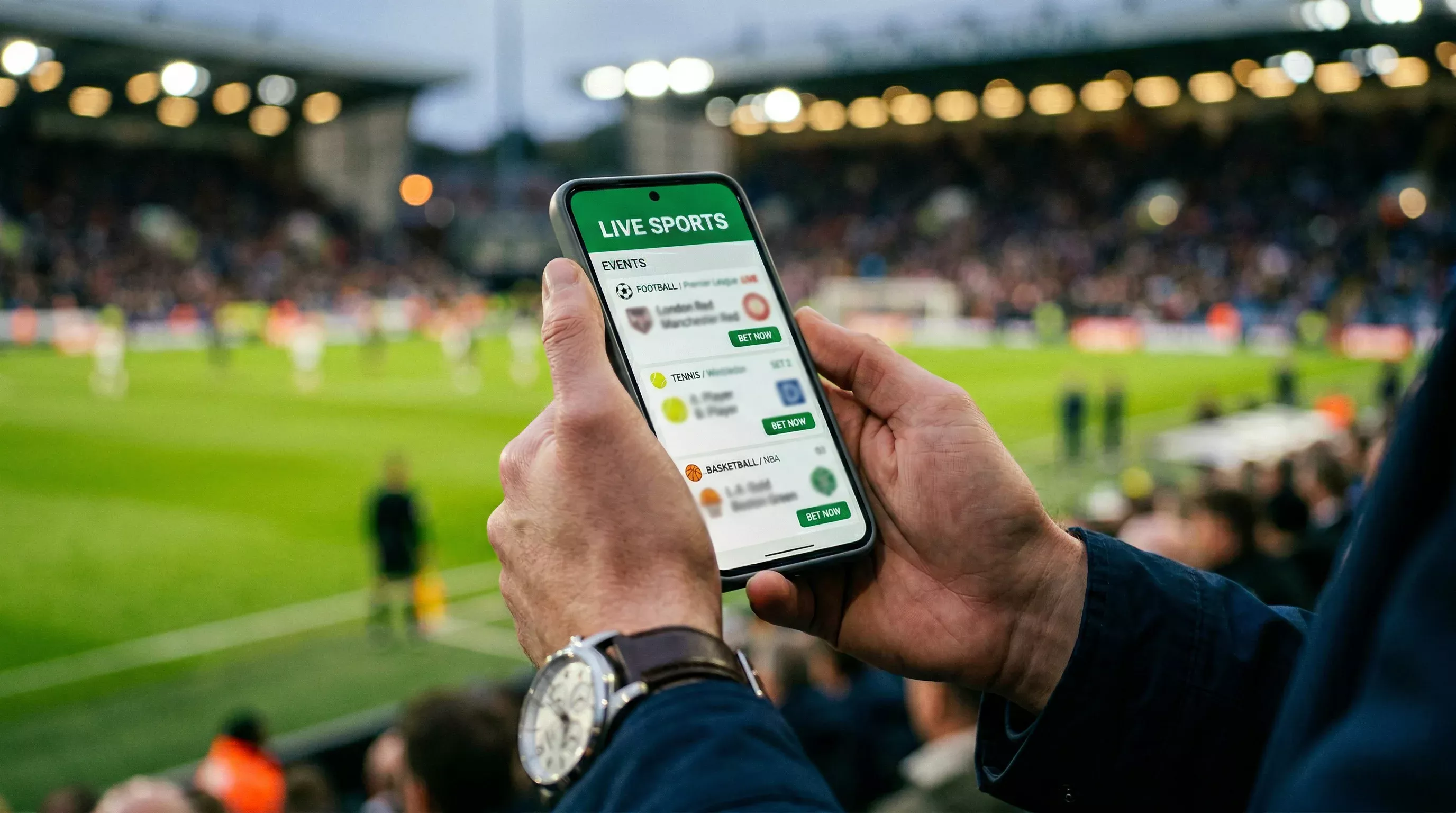 Person hält Smartphone mit Sportwetten-App während eines Fussballspiels im Stadion