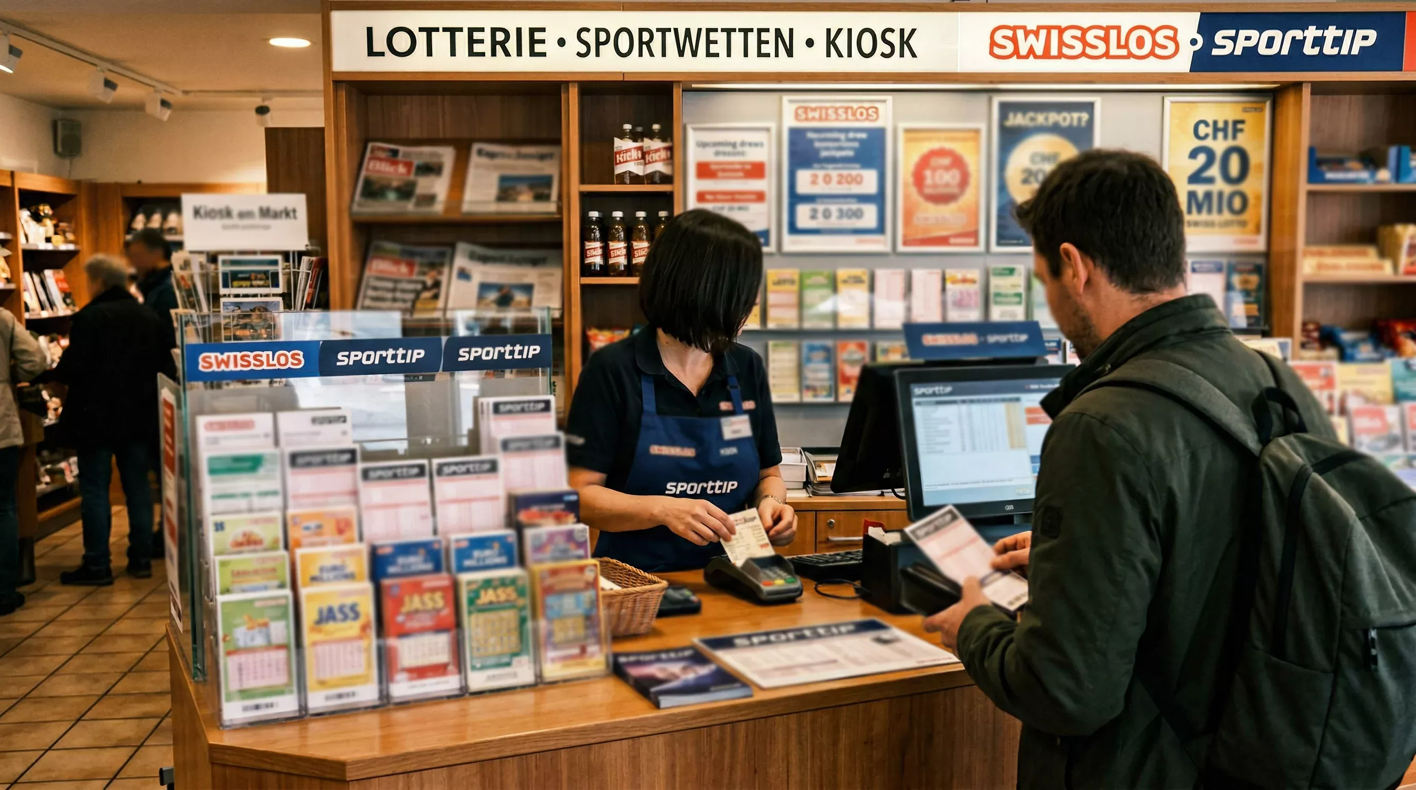 Schweizer Lotterie-Verkaufsstelle mit Sporttip-Logo und Kunden