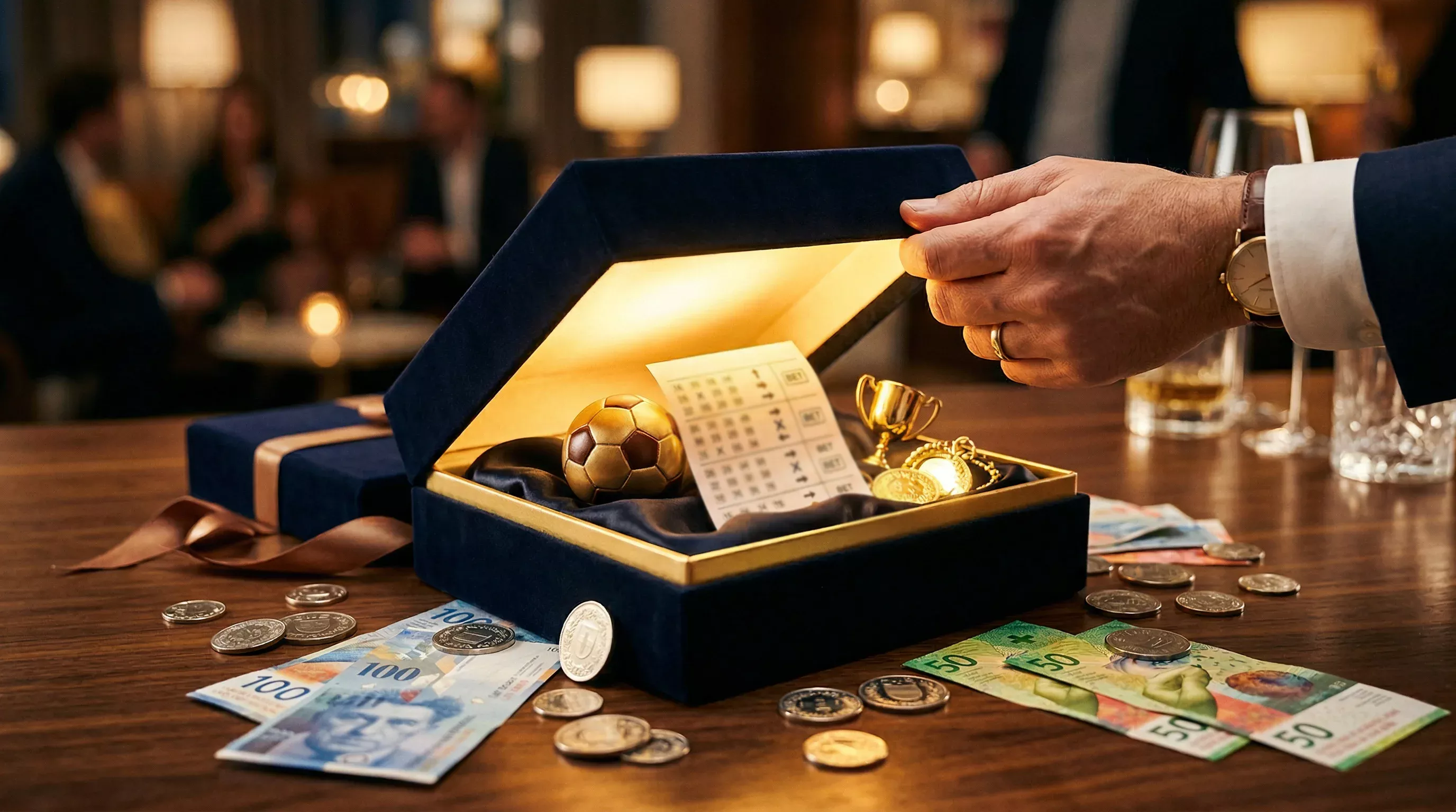 Geschenkbox mit Sportwetten-Symbolen und Schweizer Franken
