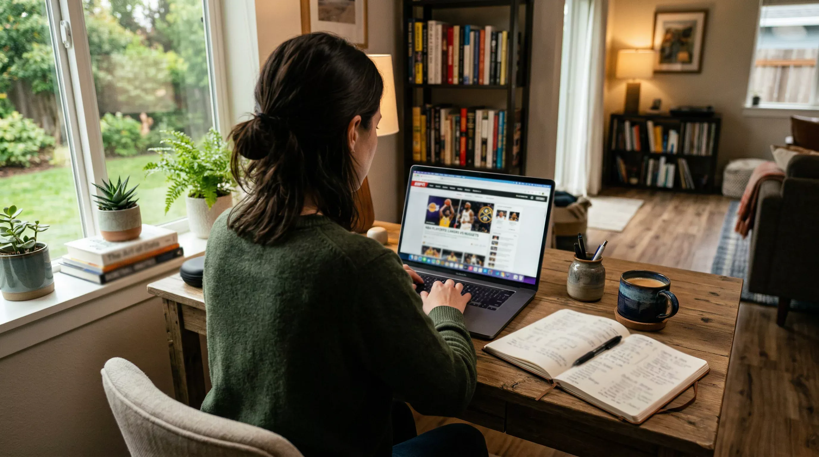 Person am Laptop analysiert Sportwetten mit Notizbuch und Kaffeetasse