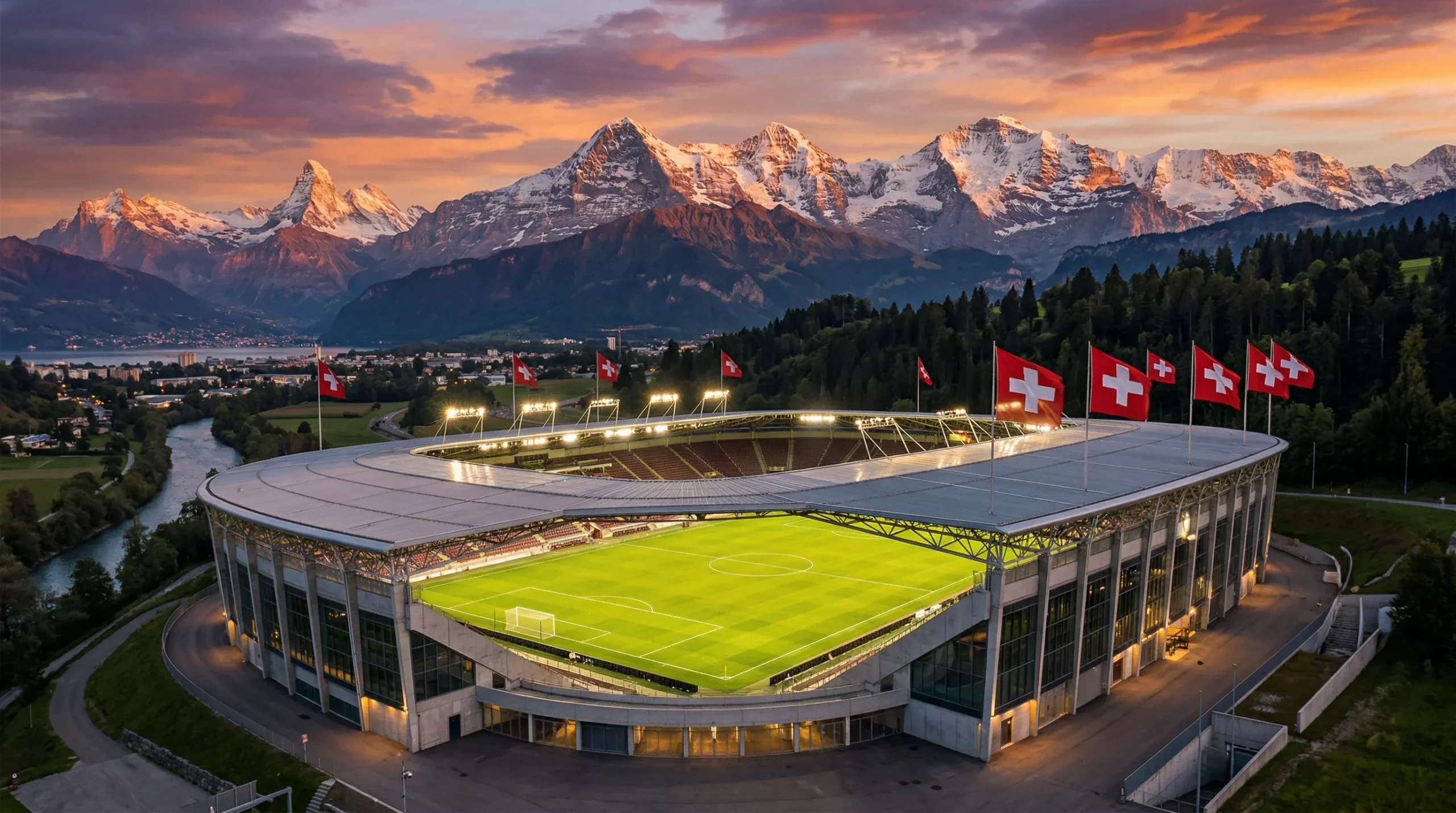 Schweizer Alpenlandschaft mit Sportarena im Vordergrund bei Sonnenuntergang