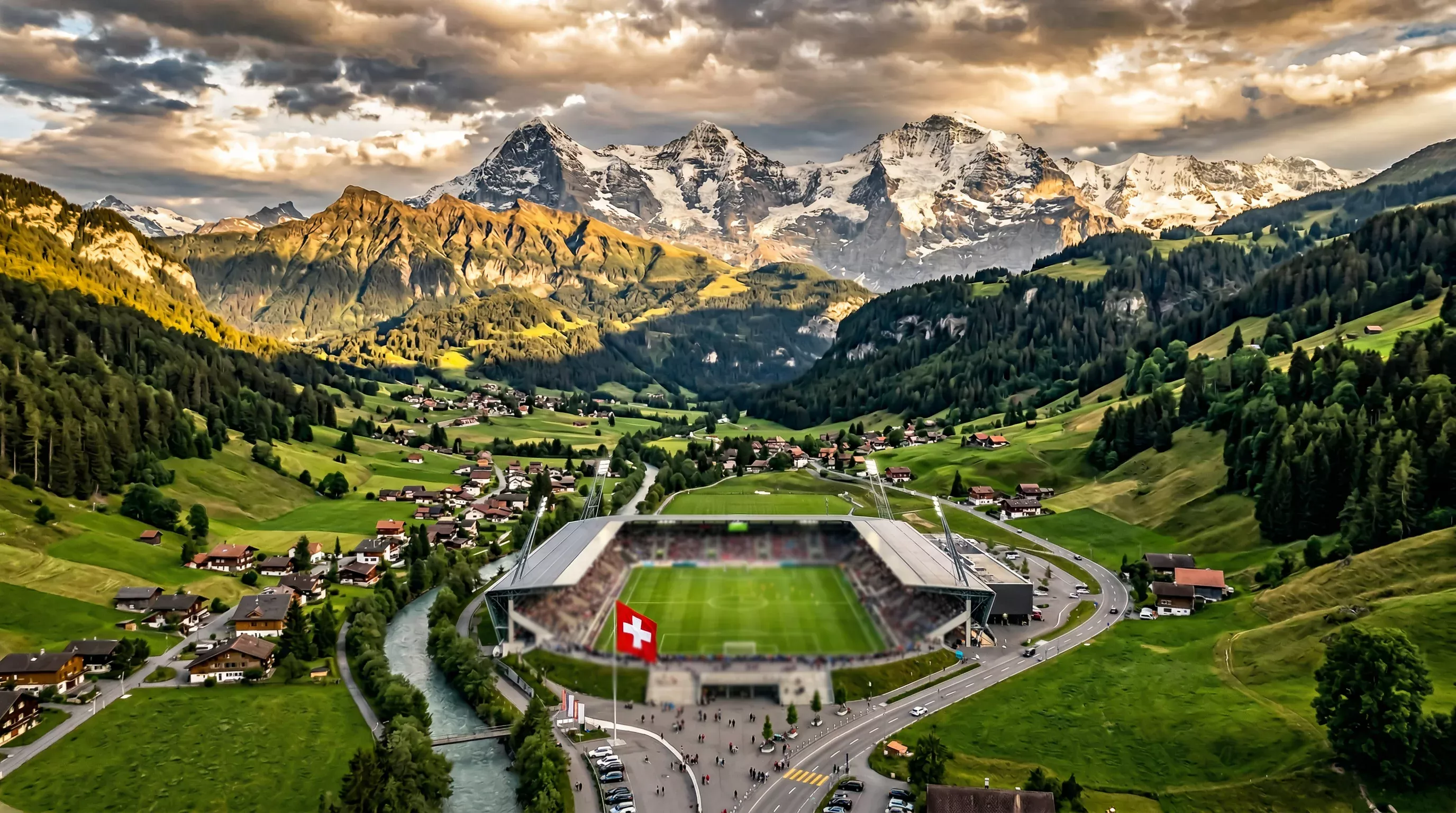 Schweizer Alpen mit Fussballstadion und Sportwetten-Symbol