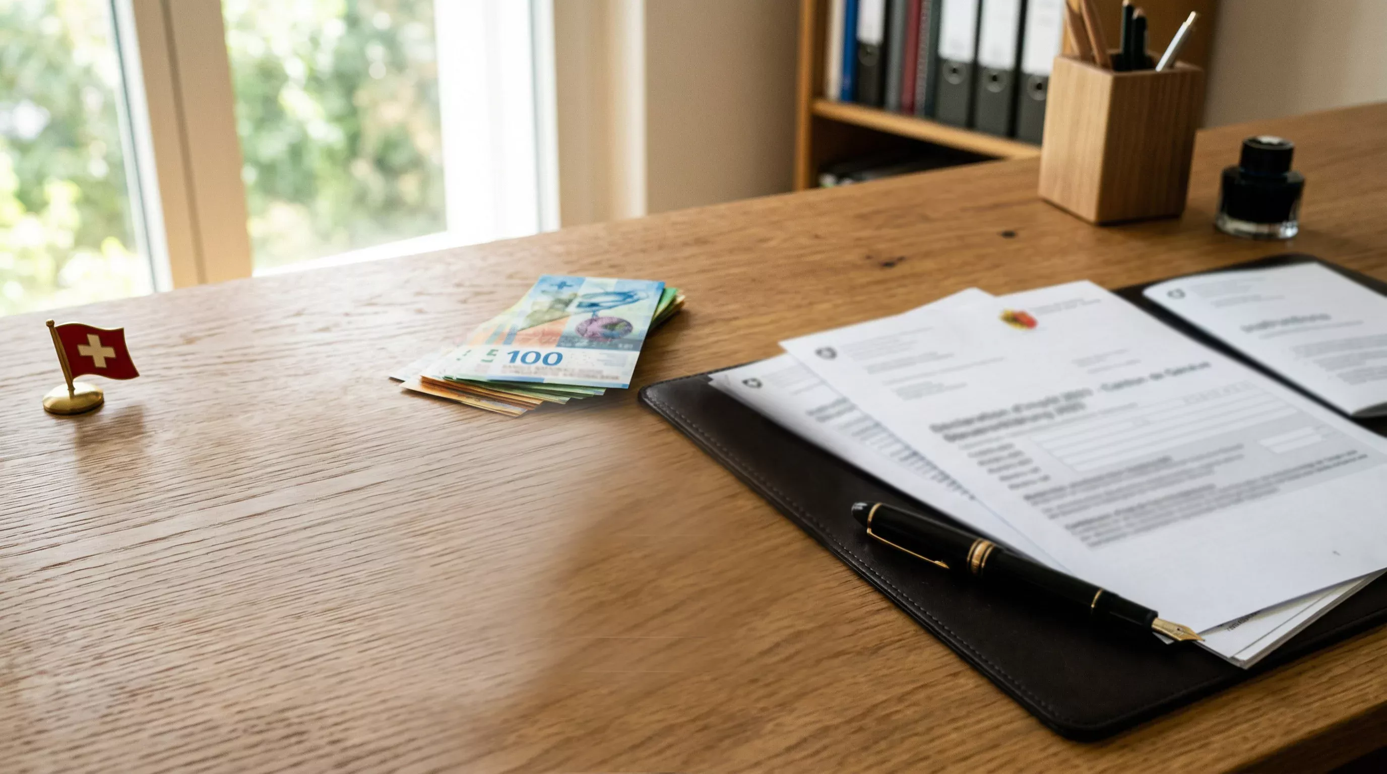 Schweizer Franken-Noten und Steuerunterlagen auf einem Schreibtisch