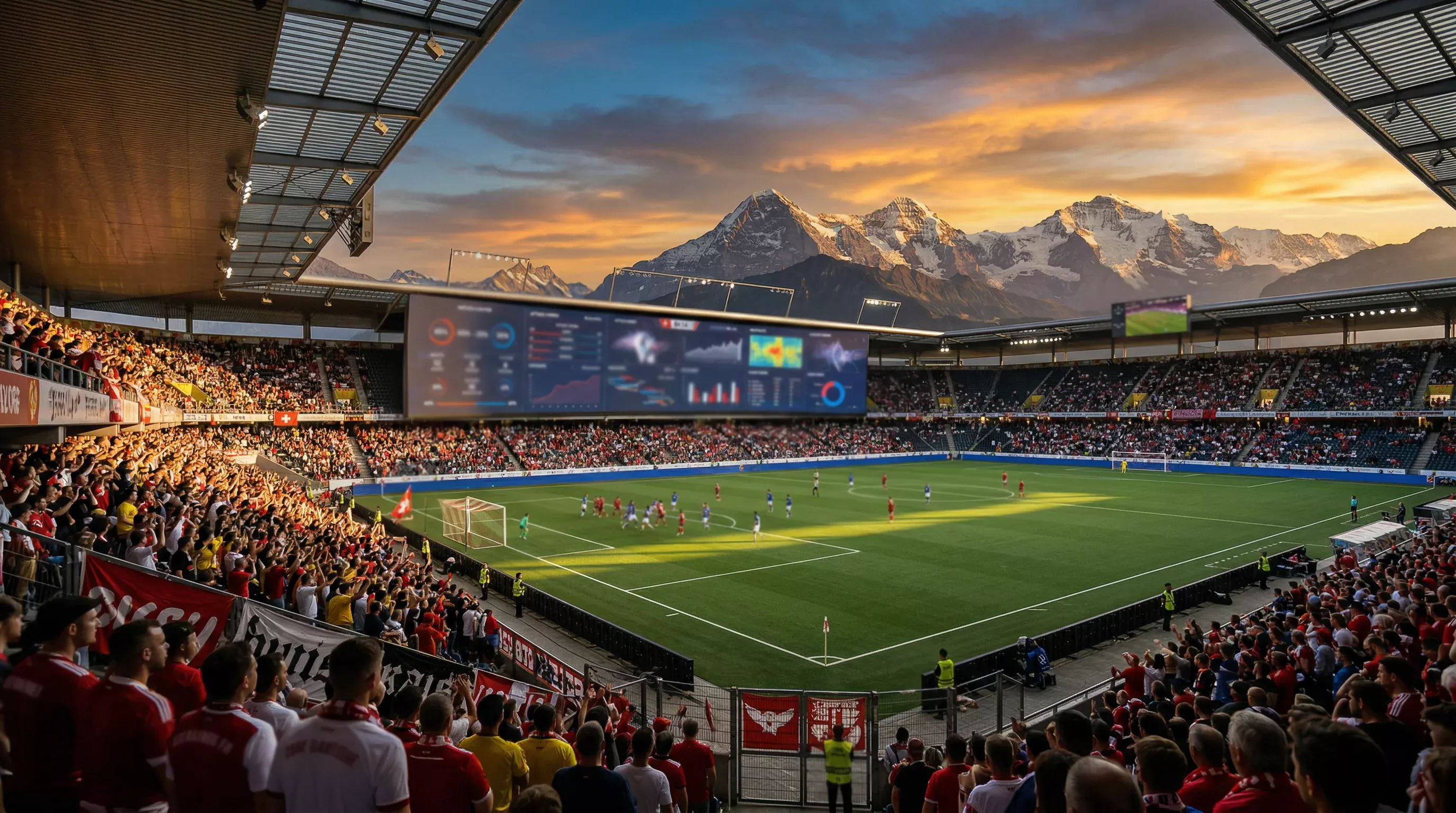 Schweizer Fussballstadion mit Analysebildschirm und Statistiken