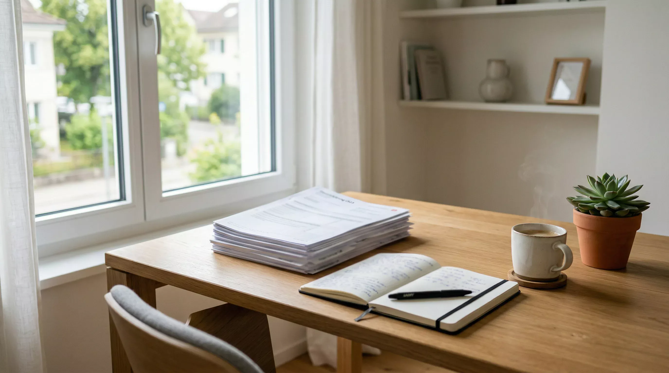 Schweizer Franken Banknoten neben einem Steuerformular und einem Taschenrechner auf einem Holzschreibtisch