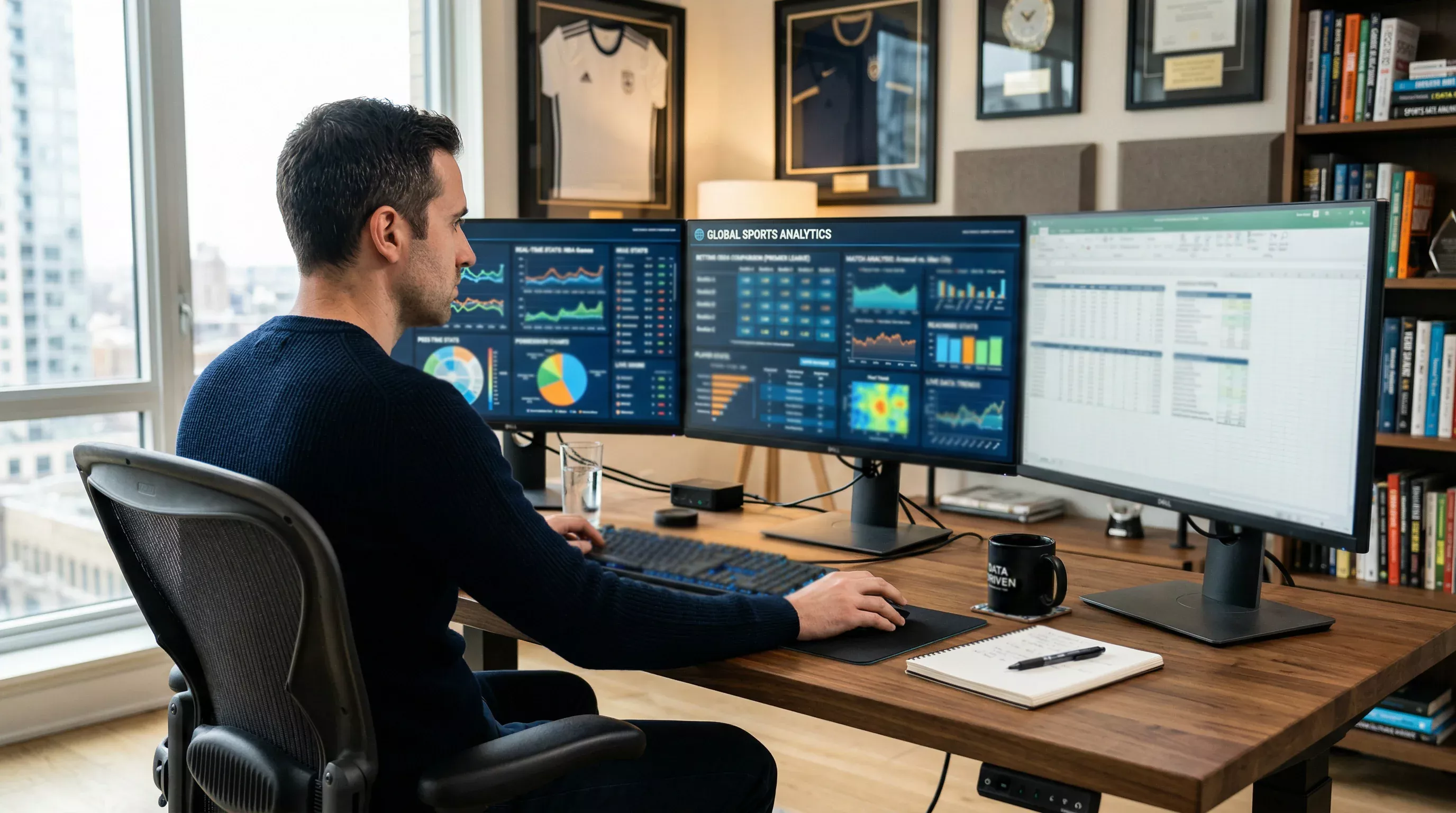 Analyst am Computer mit Sportstatistiken und Quotenvergleich auf dem Bildschirm