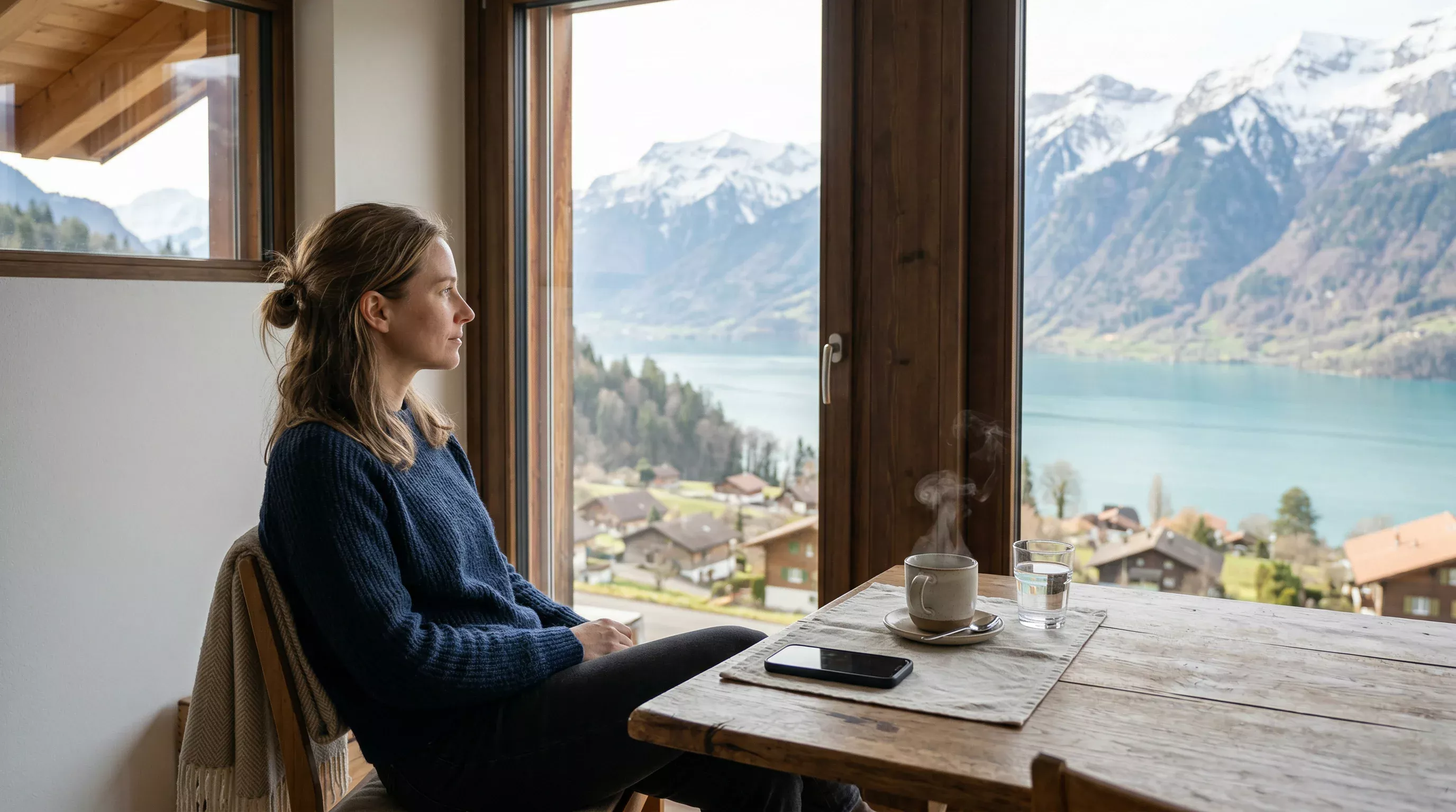 Hände einer Person die eine Pause vom Smartphone macht und nachdenklich aus dem Fenster schaut