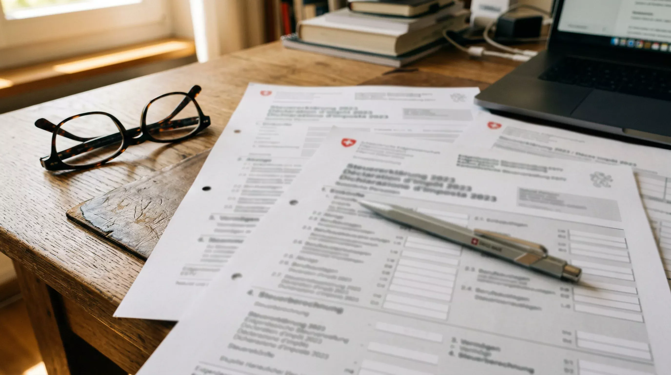 Schweizer Steuerformular auf einem Schreibtisch mit Kugelschreiber