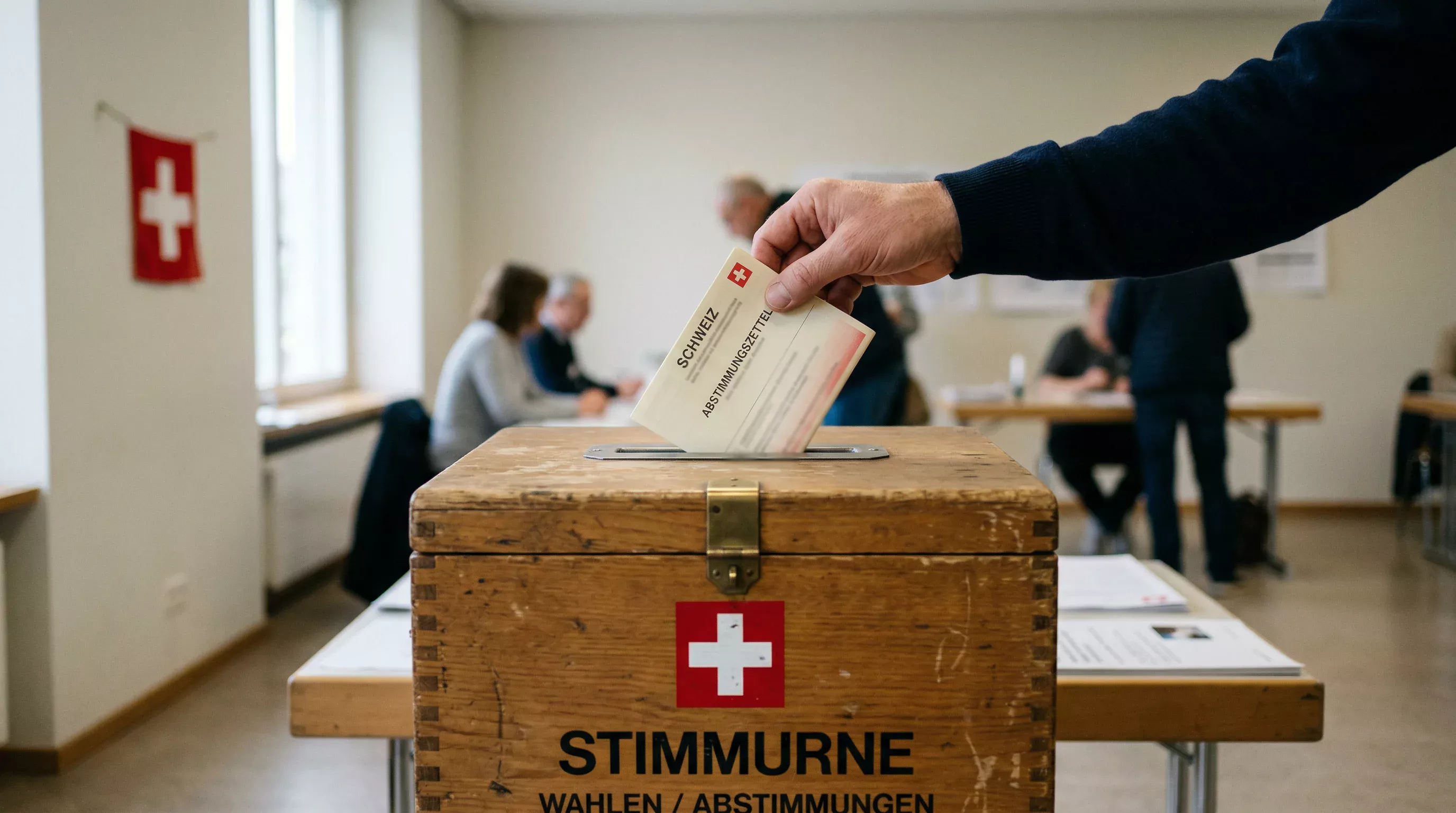 Schweizer Stimmzettel und Abstimmungsurne mit Schweizer Flagge