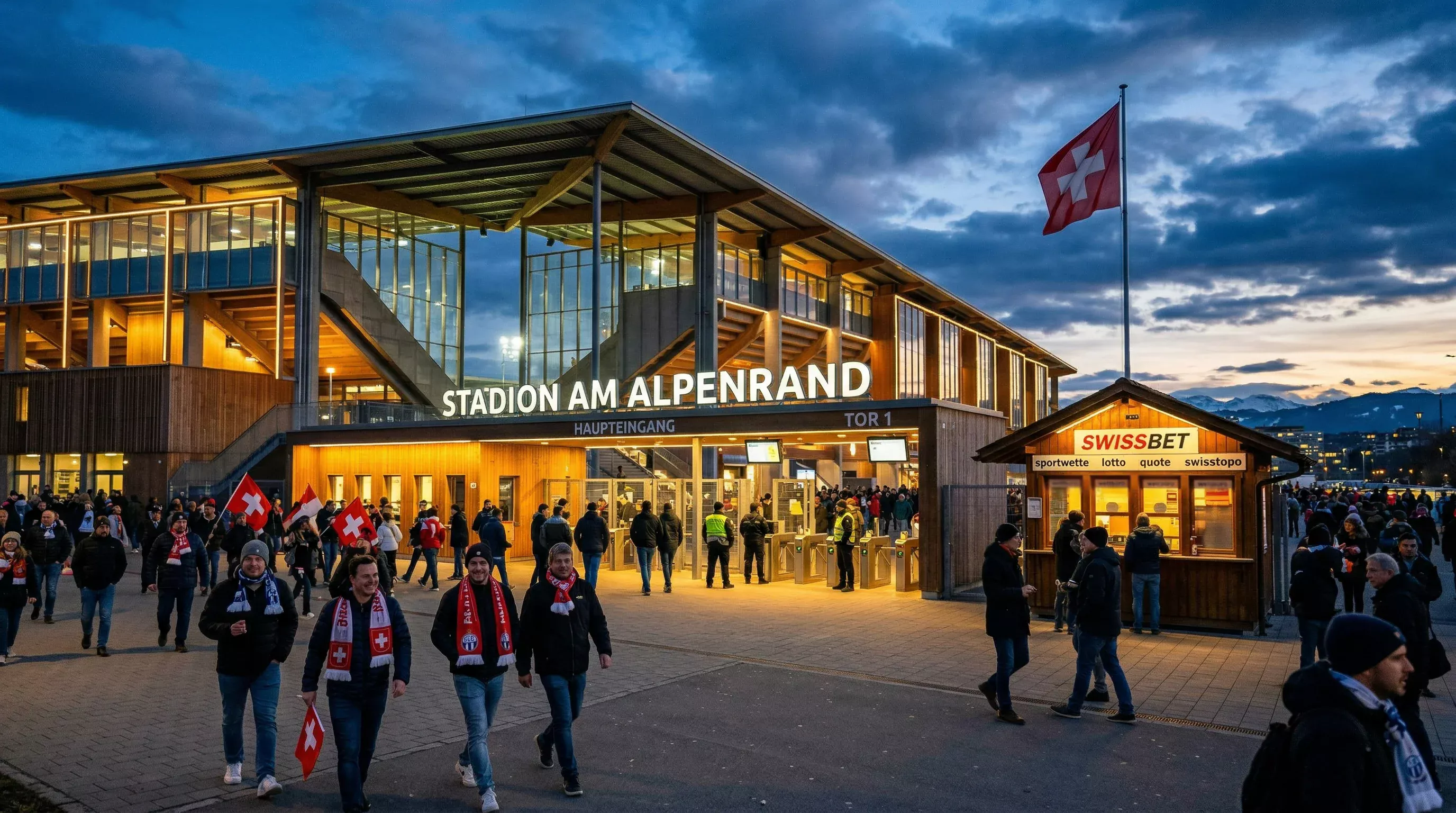 Schweizer Sportstadion mit Wettschalter und Schweizer Flagge